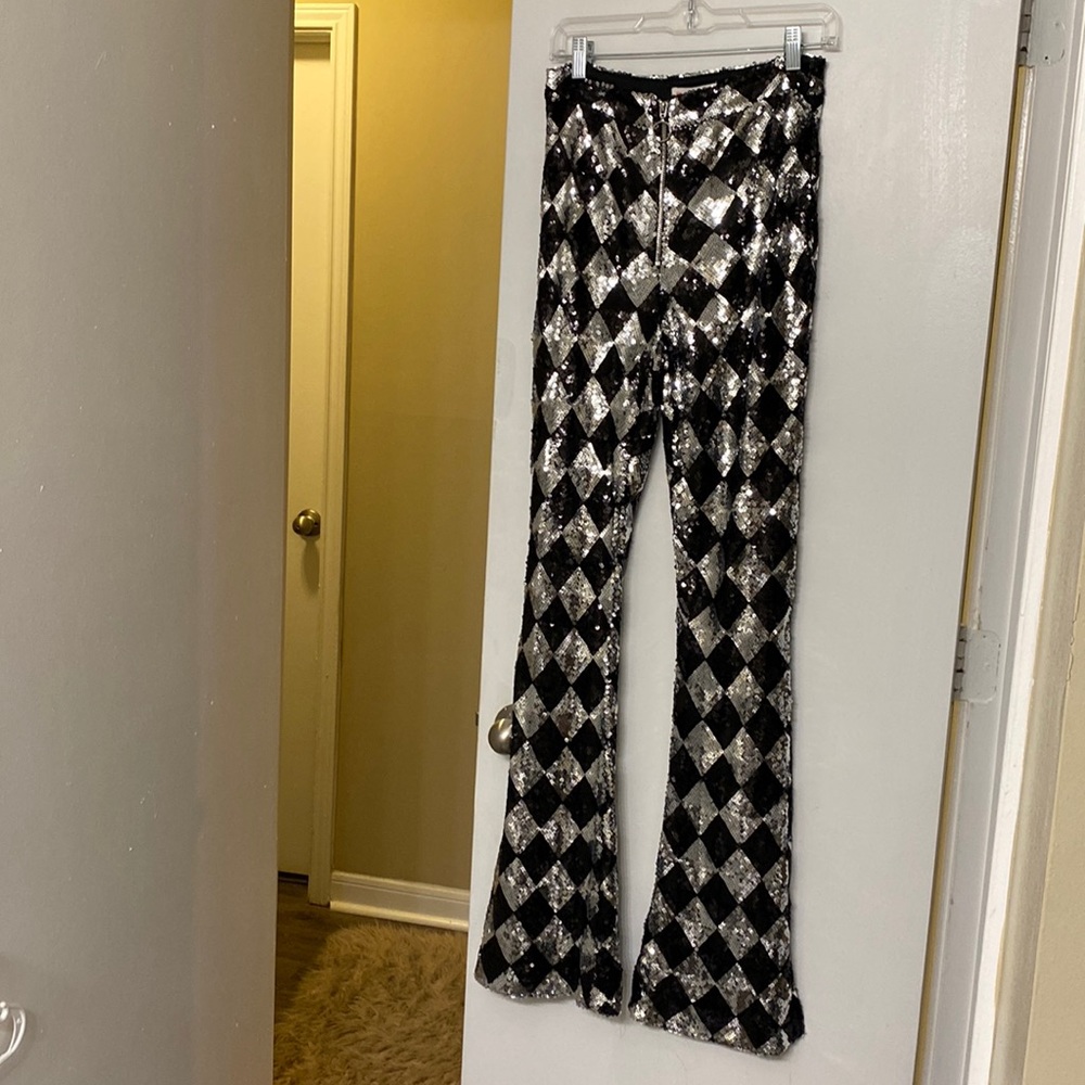 NEW WITH TAGS - SEQUIN PANTS- SIDE SLITS - HIGH RISE - ZIP UP - SMALL
